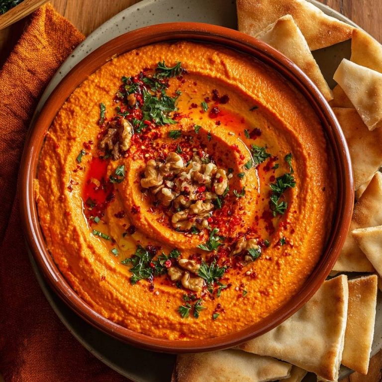 Muhammara, ein cremiger Paprika-Walnuss-Dip, wird in einer Schüssel serviert und mit Walnüssen, Petersilie und Paprikaflocken garniert.