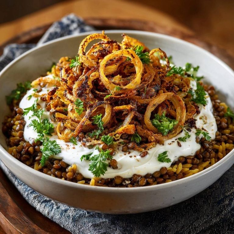 Orientalische Linsen mit Reis und knusprigen Zwiebeln, serviert in einer Schüssel, mit knusprigen Zwiebelringen, Joghurt und frischer Petersilie garniert.