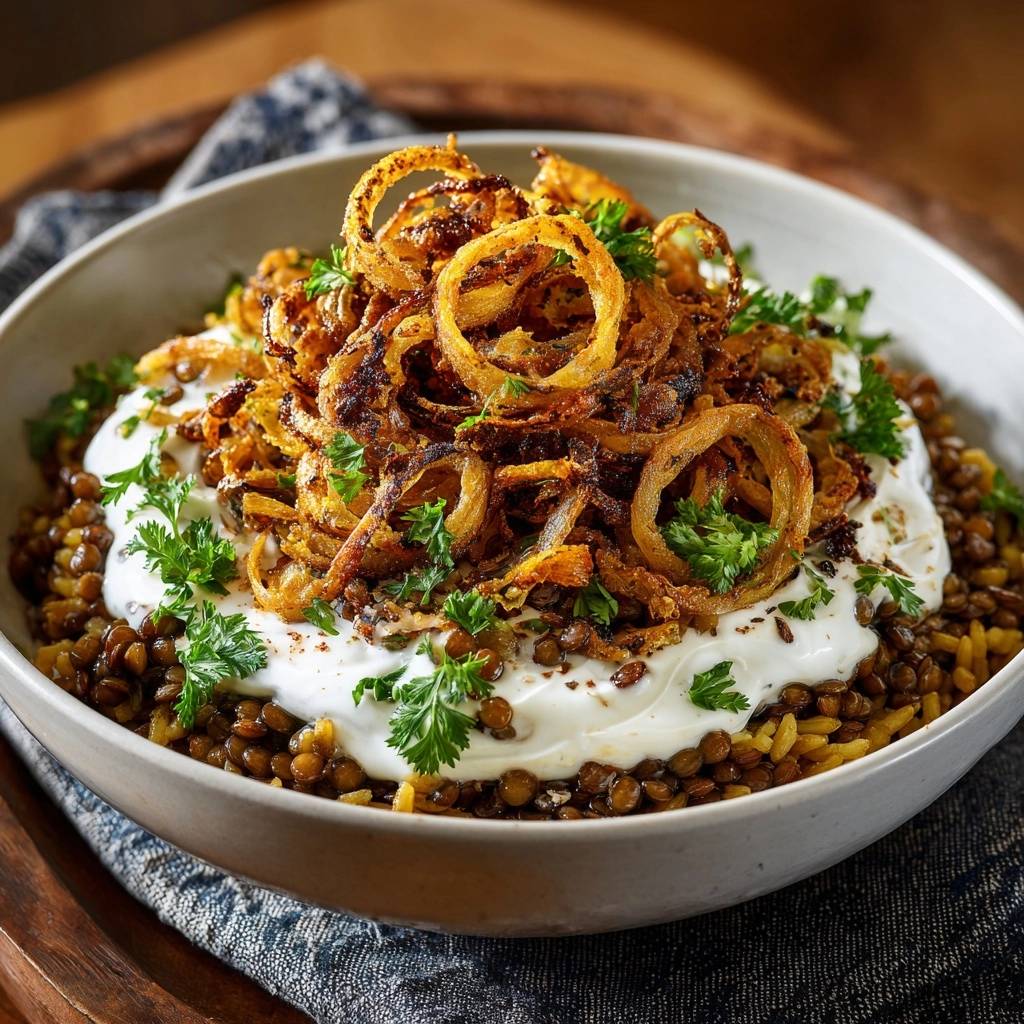 Orientalische Linsen mit Reis und knusprigen Zwiebeln, serviert in einer Schüssel, mit knusprigen Zwiebelringen, Joghurt und frischer Petersilie garniert.