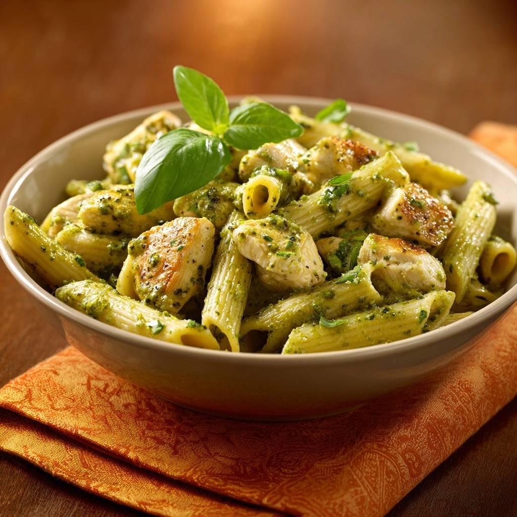 Penne mit Pesto und Hähnchen serviert in einer cremigen Schüssel. Die Pasta mit Hähnchen und Pesto ist mit frischem Basilikum garniert.