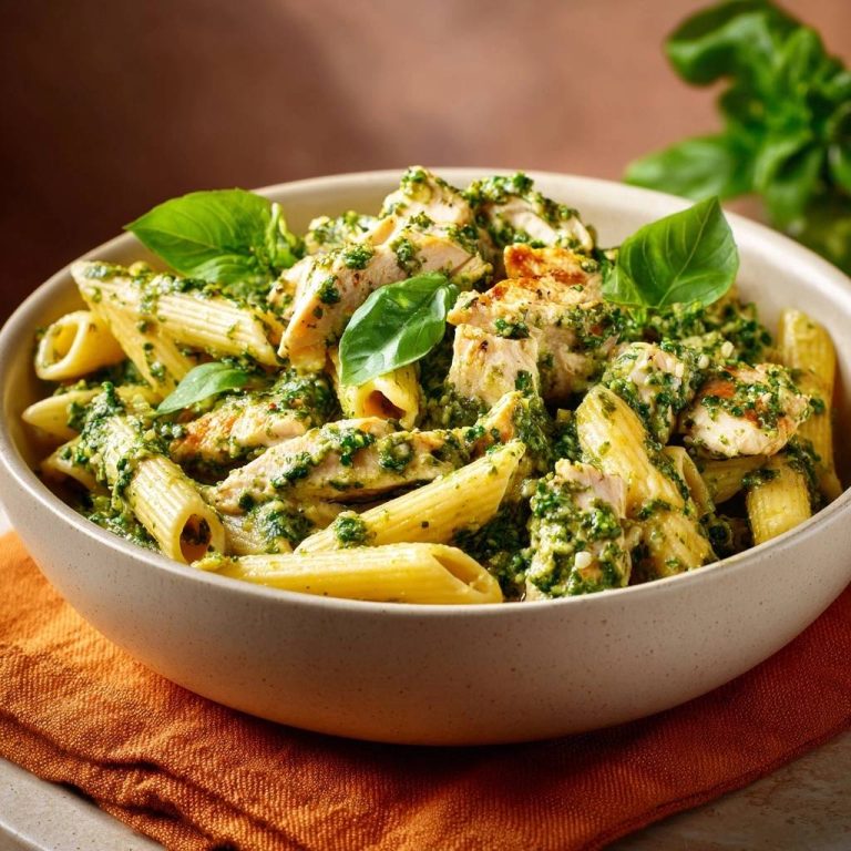 Penne mit Pesto und Hähnchen serviert in einer Schüssel, garniert mit frischen Basilikumblättern, bereit zum Genießen.