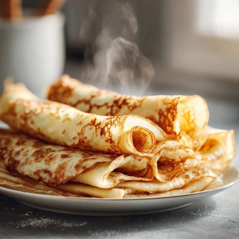 Perfekte Deutsche Pfannkuchen, serviert auf einem Teller, mit dampfenden, gerollten Pfannkuchen in Nahaufnahme. Ein köstliches Frühstück!