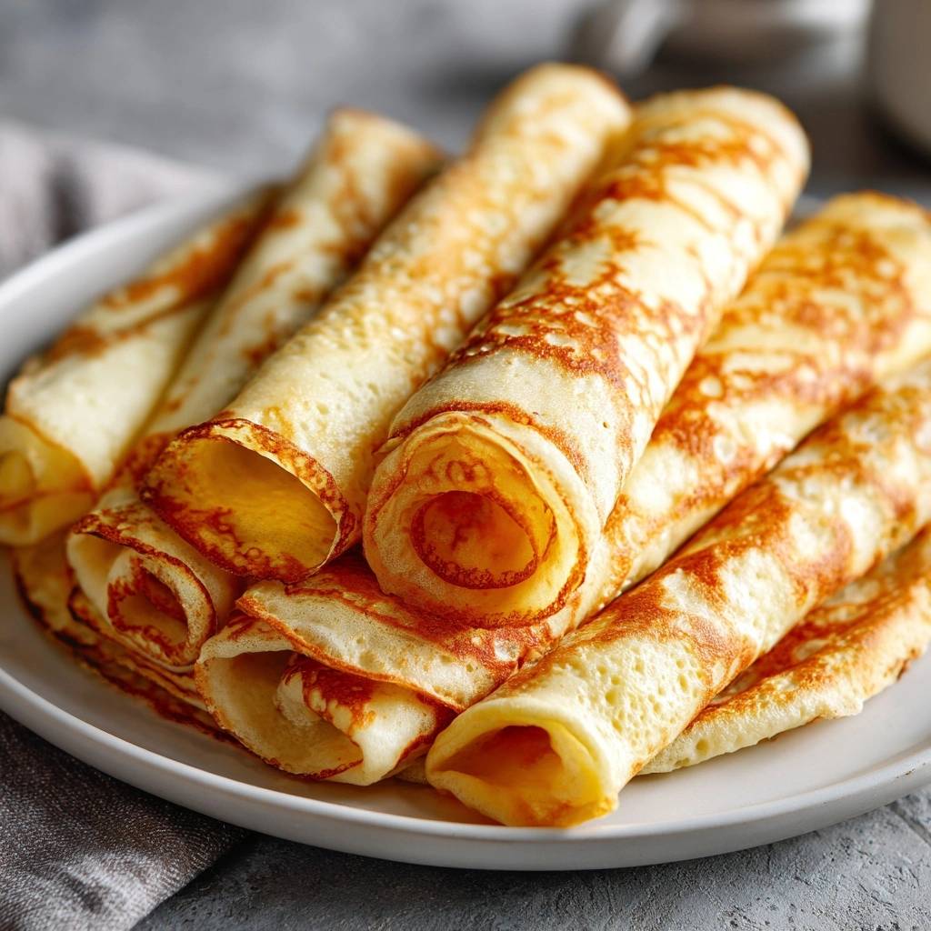 Perfekte Deutsche Pfannkuchen, serviert auf einem weißen Teller, zeigen gerollte Pfannkuchen mit goldbraunen Rändern und einer appetitlichen Textur.