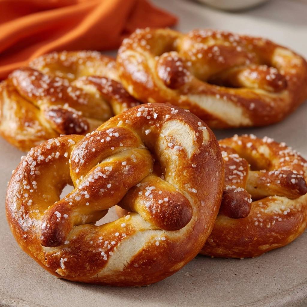 Perfekte Laugenbrezeln in Nahaufnahme, goldbraun gebacken und mit grobem Salz bestreut. Die Brezeln sind frisch und knusprig.