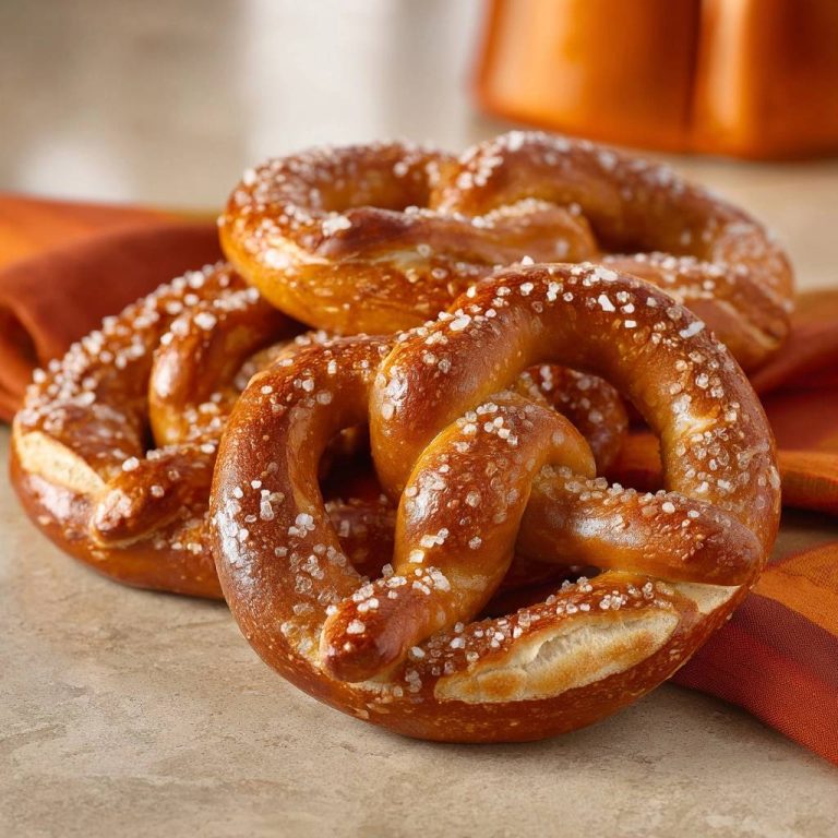 Perfekte Laugenbrezeln in Nahaufnahme, mit grobem Salz bestreut, zeigen die goldbraune Kruste und die knusprige Textur.