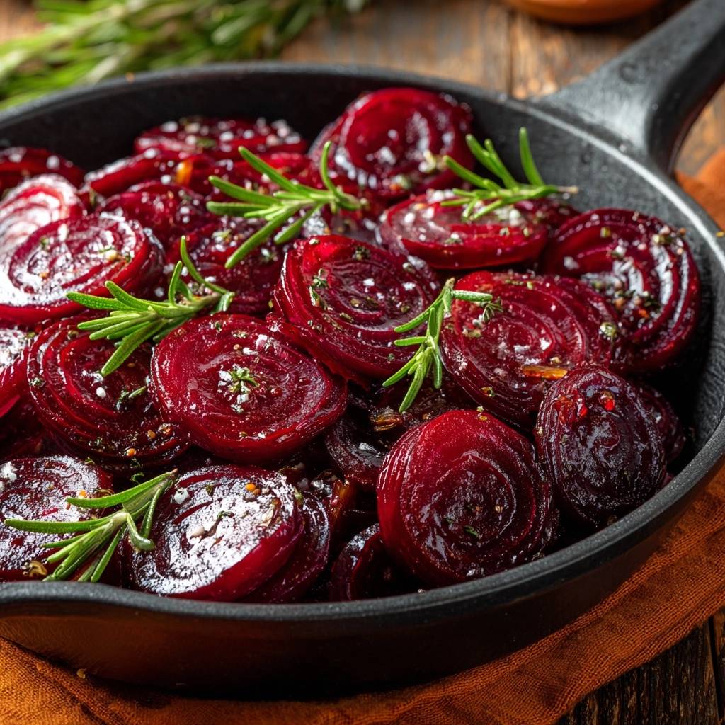 Pfannen-Rote-Bete-Rosetten mit Knoblauch-Rosmarin, serviert in einer gusseisernen Pfanne, mit frischem Rosmarin garniert und von oben fotografiert.