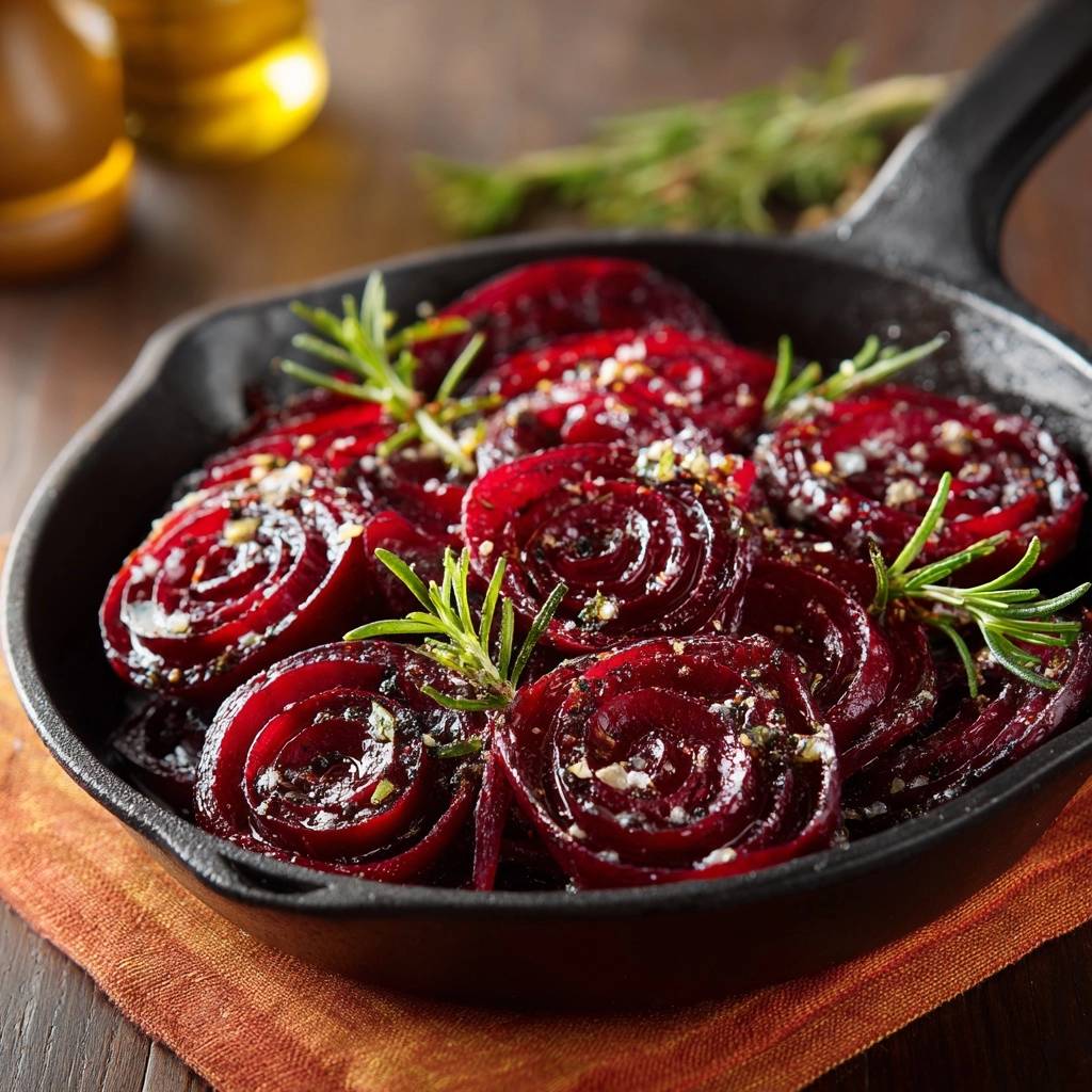 Pfannen-Rote-Bete-Rosetten mit Knoblauch-Rosmarin in Nahaufnahme, garniert mit frischem Rosmarin und Knoblauchflocken in einer gusseisernen Pfanne.