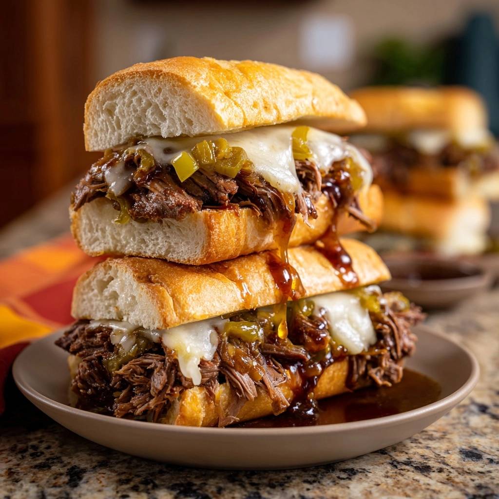 Philly Cheesesteak Sandwich, gestapelt auf einem Teller serviert, mit geschmolzenem Käse und Rindfleisch, das von der Soße tropft.