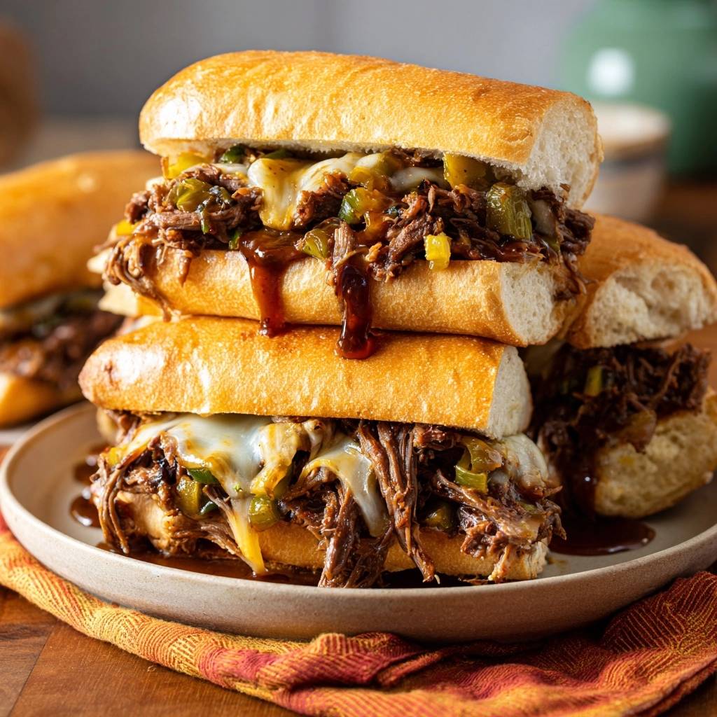Philly Cheesesteak Sandwich, gestapelt und serviert, mit geschmolzenem Käse und Soße, die über die knusprigen Brötchen tropft.