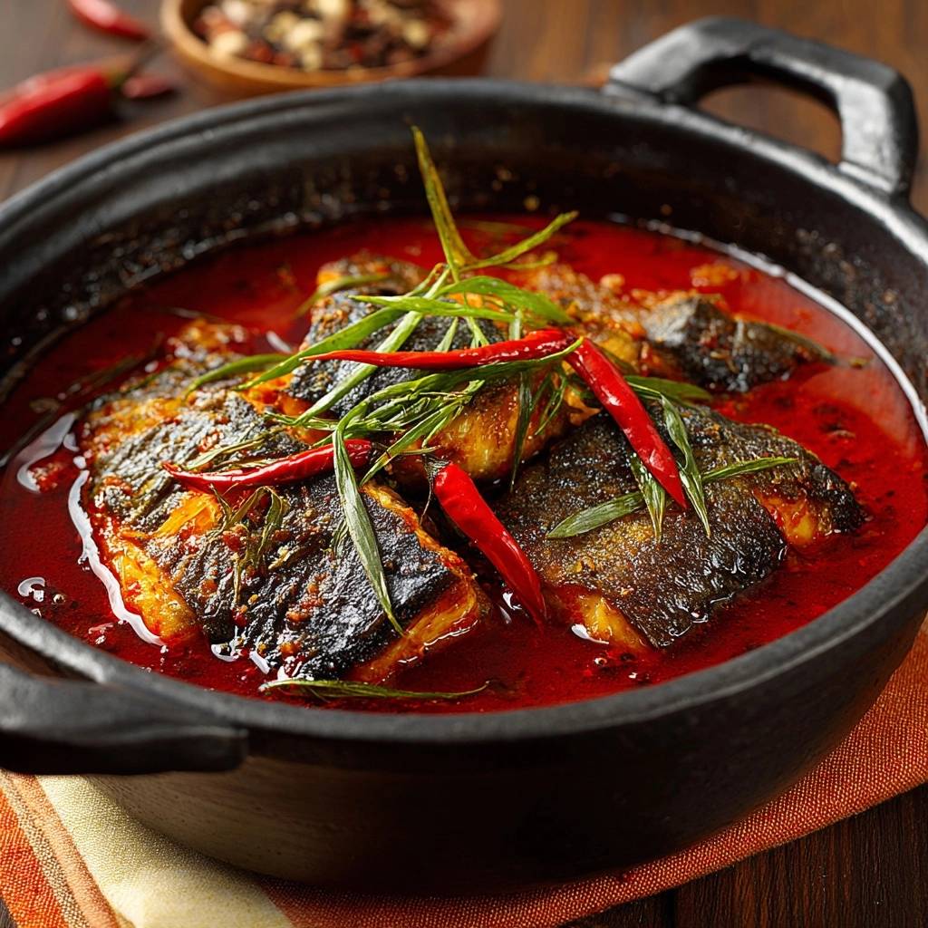 Pikante Fischpfanne in Chili-Öl, serviert in einer rustikalen Schüssel, garniert mit frischen Chilischoten und grünen Kräutern, von oben betrachtet.