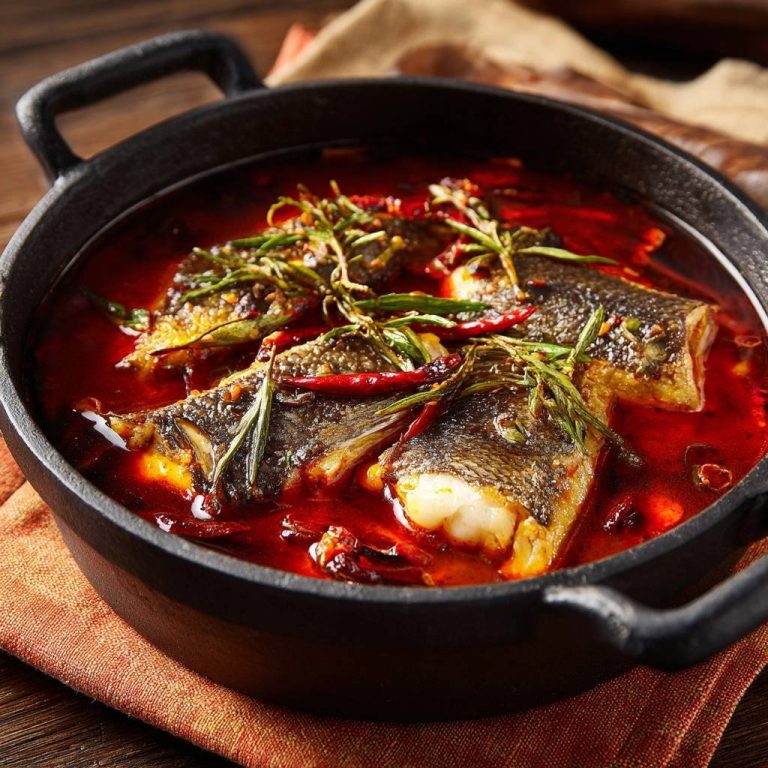 Pikante Fischpfanne in Chili-Öl, eine Nahaufnahme zeigt die saftigen Fischstücke in der scharfen Sauce, garniert mit Kräutern und Chili.