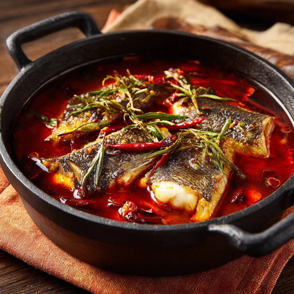 Pikante Fischpfanne in Chili-Öl, eine Nahaufnahme zeigt die saftigen Fischstücke in der scharfen Sauce, garniert mit Kräutern und Chili.