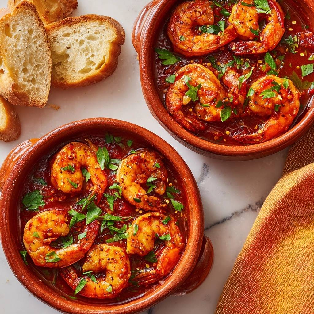 Pikante Gambas al Ajillo in rustikalen Tonschalen serviert, garniert mit frischer Petersilie und serviert mit geröstetem Brot.