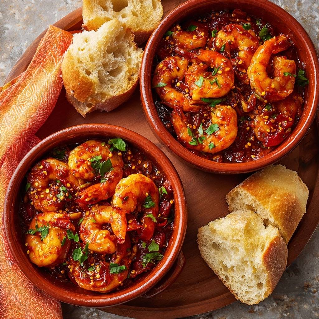 Pikante Gambas al Ajillo serviert in rustikalen Tonschalen, angerichtet mit frischer Petersilie und knusprigem Brot auf einem Holztablett.