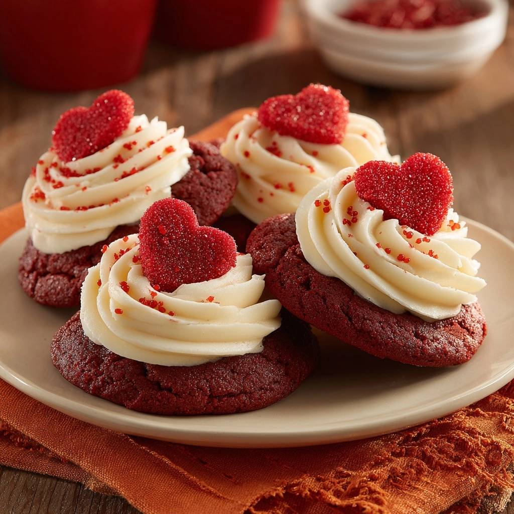 Red Velvet Cookies Mit Cream Cheese Frosting Serviert 1 Red Velvet Cookies mit Cream Cheese Frosting auf einem Teller serviert, mit rotem Zucker bestreut und mit Herz-Dekoration verziert.