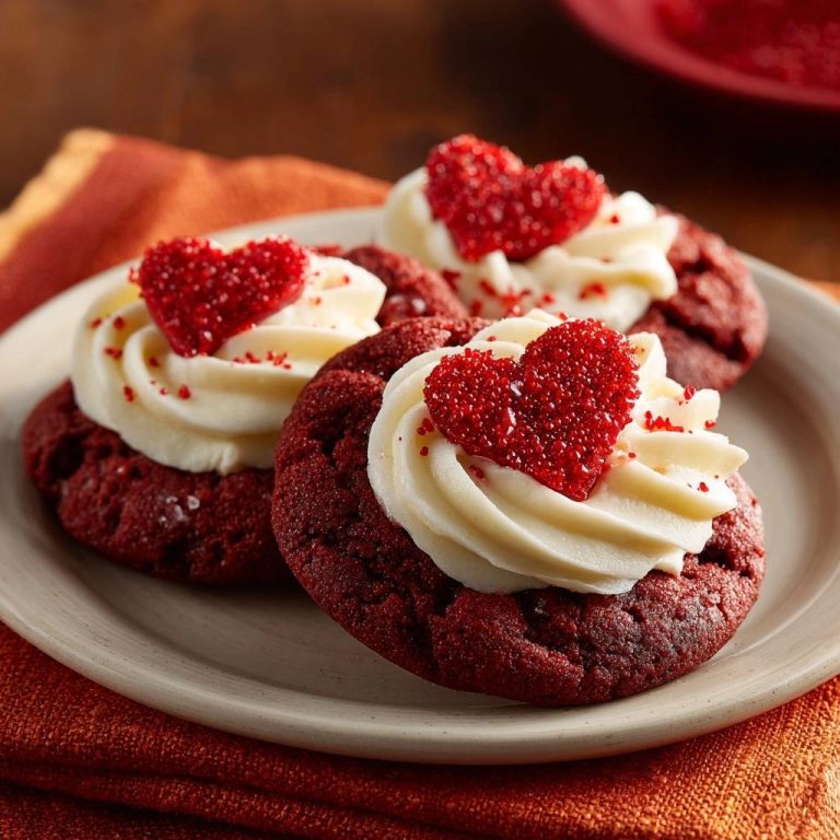 Red Velvet Cookies mit Cream Cheese Frosting serviert auf einem Teller, dekoriert mit cremiger Glasur und herzförmigen Zuckerstreuseln.