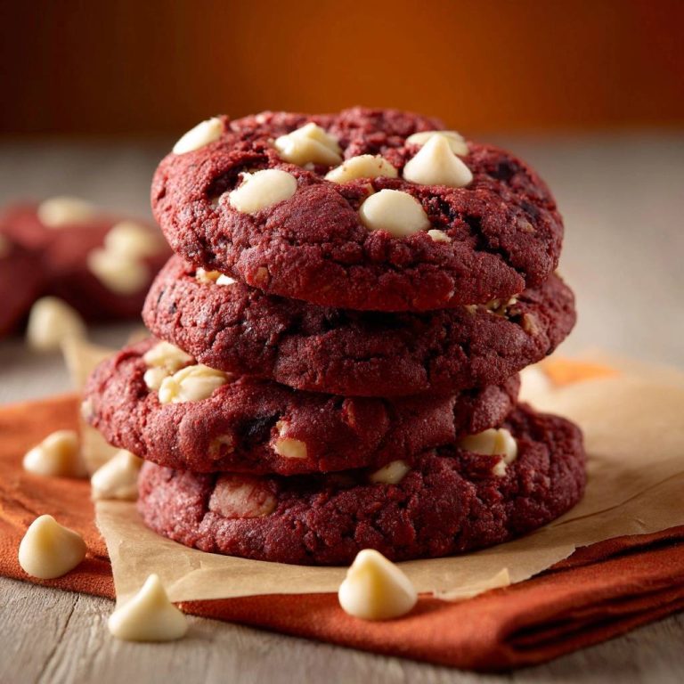 Red Velvet Cookies mit White Chocolate Chips, gestapelt auf einem rustikalen Untersetzer, verlockend präsentiert. Die leuchtend rote Farbe und die cremigen Schokostückchen laden zum Genuss ein.