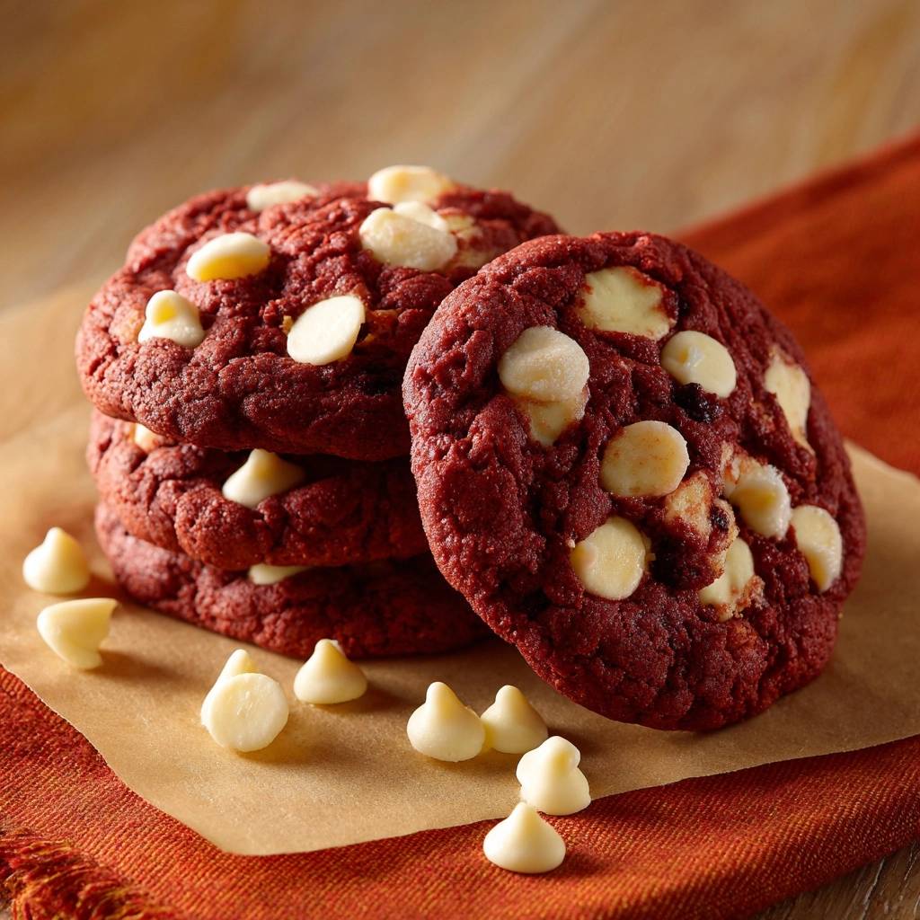 Red Velvet Cookies mit White Chocolate Chips in Nahaufnahme, mit schmelzenden Schokoladenstückchen und einer verführerischen, roten Textur.