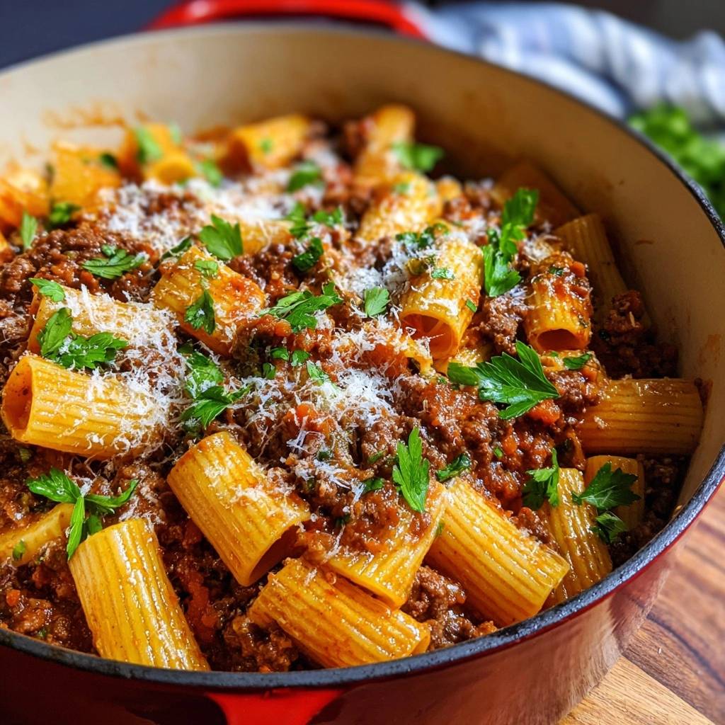 Rigatoni Bolognese mit einer Nahaufnahme, die mit frisch gehackter Petersilie und Parmesan garniert ist, in einer roten Pfanne serviert.
