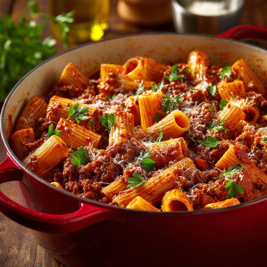 Rigatoni Bolognese mit Hackfleisch-Bolognese in einem roten Topf, garniert mit frischer Petersilie und Parmesan. Nahaufnahme der köstlichen Pasta.