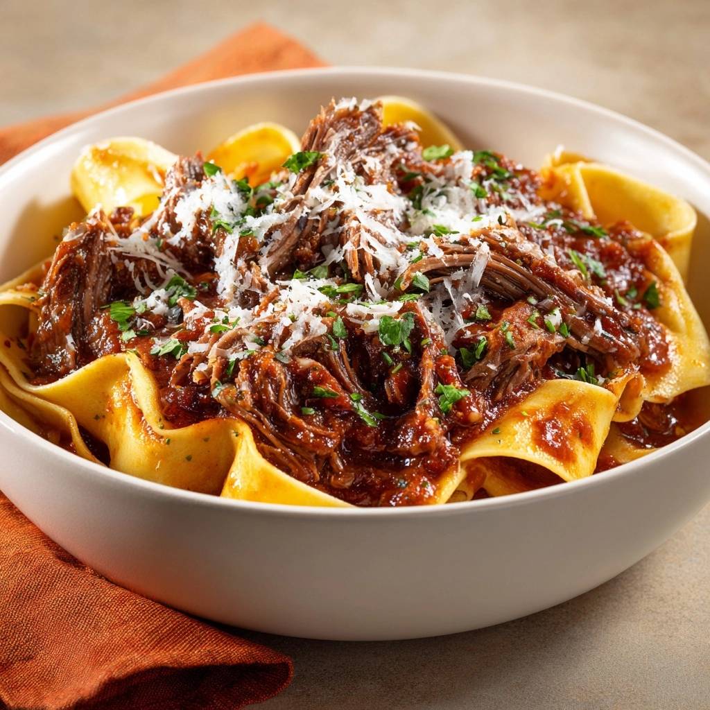 Rindfleisch-Ragù mit Mafaldine in einer cremigen Sauce, serviert in einer weißen Schüssel und mit Parmesan garniert.