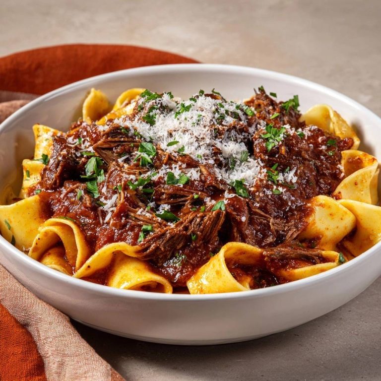 Rindfleisch-Ragù mit Mafaldine, serviert in einer weißen Schüssel, garniert mit frischer Petersilie und geriebenem Käse.