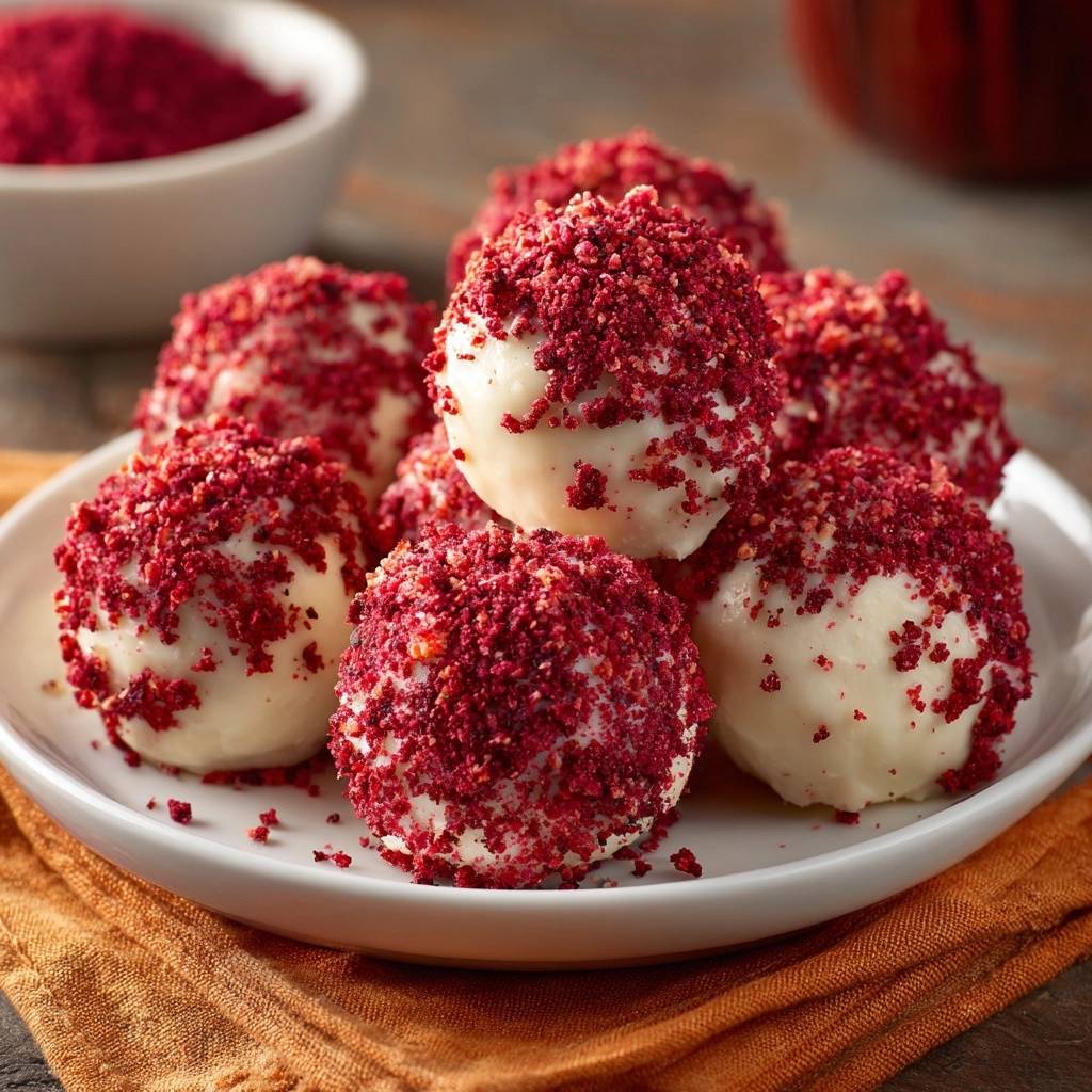 Rote Velvet Cream-Bällchen, serviert auf einem weißen Teller, sind mit einer leuchtend roten Kruste aus gefriergetrockneten Himbeeren bedeckt.