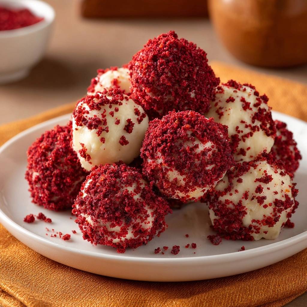 Rote Velvet Cream-Bällchen in Nahaufnahme auf einem weißen Teller serviert, mit rotem Keksbelag bedeckt. Die cremige Textur der Bällchen ist deutlich zu sehen.