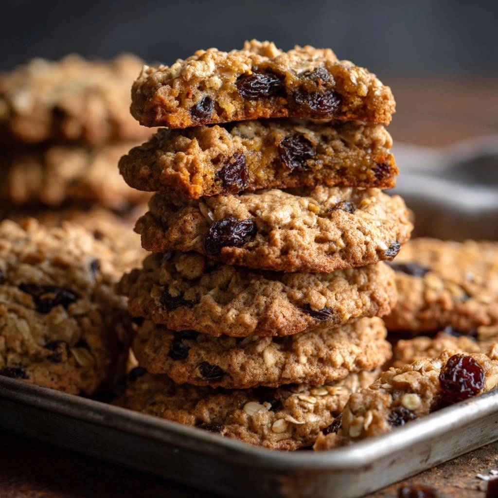 Saftige Haferflocken Rosinen Cookies Querschnitt 1 Saftige Haferflocken-Rosinen-Cookies im Querschnitt, die die weiche Innenseite und saftigen Rosinen zeigen, die in einem Stapel angeordnet sind.