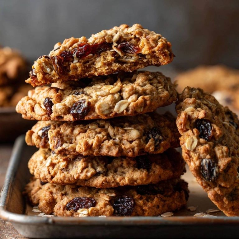 Saftige Haferflocken-Rosinen-Cookies zeigen einen detailreichen Querschnitt. Die hausgemachten Kekse sind mit Rosinen und Haferflocken gefüllt.