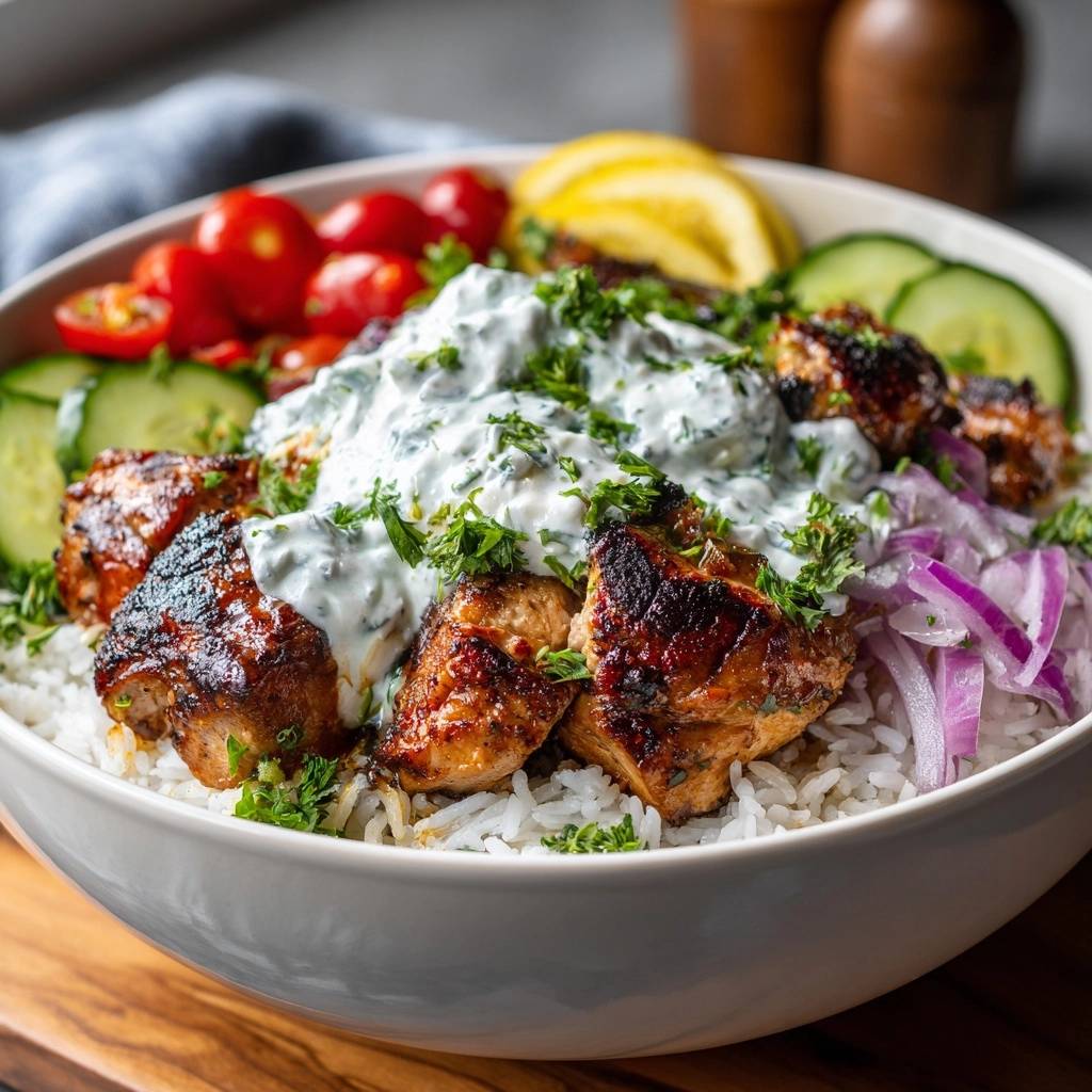 Saftige Hahnchen Gyros Bowl Serviert 1 Saftige Hähnchen-Gyros-Bowl serviert in einer Schüssel mit frischem Gemüse, cremiger Soße und duftendem Reis. Ein köstliches und sättigendes Gericht.
