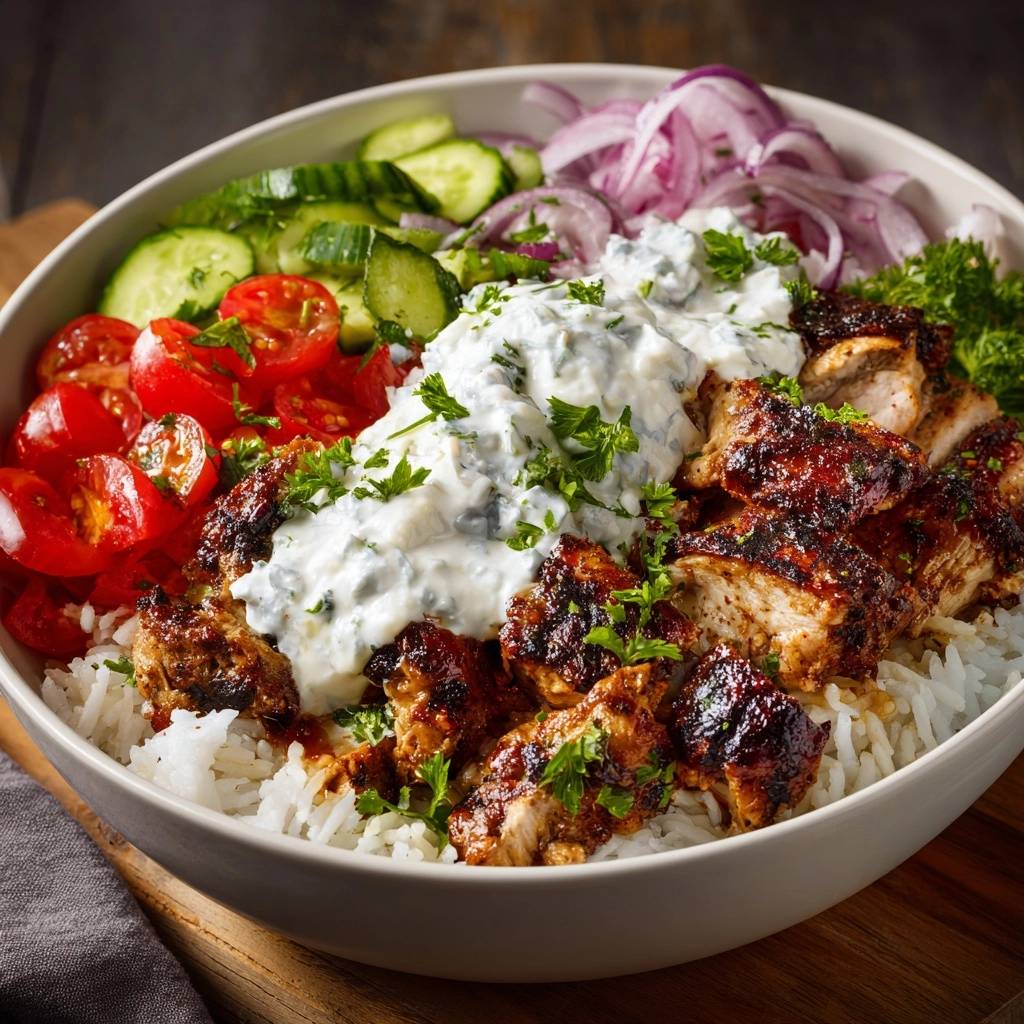 Saftige Hähnchen-Gyros-Bowl serviert in einer Schüssel mit Reis, Tomaten, Gurken, Zwiebeln und cremiger Tzatziki-Sauce, garniert mit frischer Petersilie.