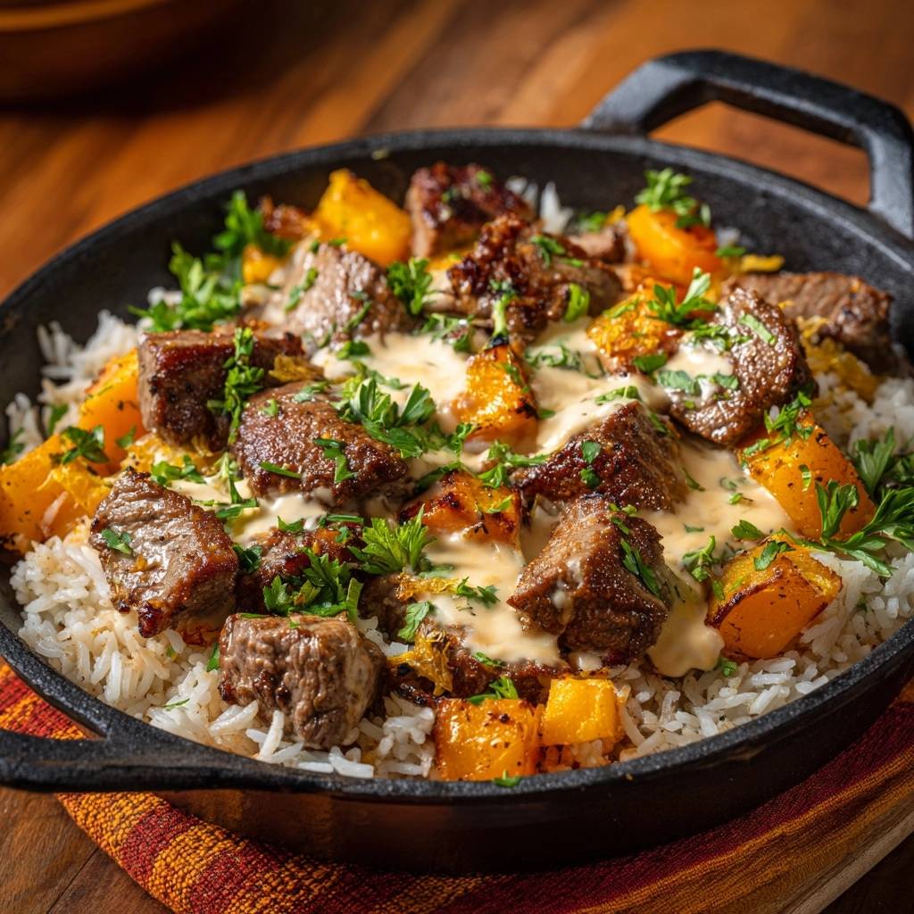 Saftige Rindfleisch Kuerbis Pfanne Mit Reis Draufsicht 1 Saftige Rindfleisch-Kürbis-Pfanne mit Reis aus der Vogelperspektive, serviert in einer gusseisernen Pfanne, mit frischer Petersilie garniert.