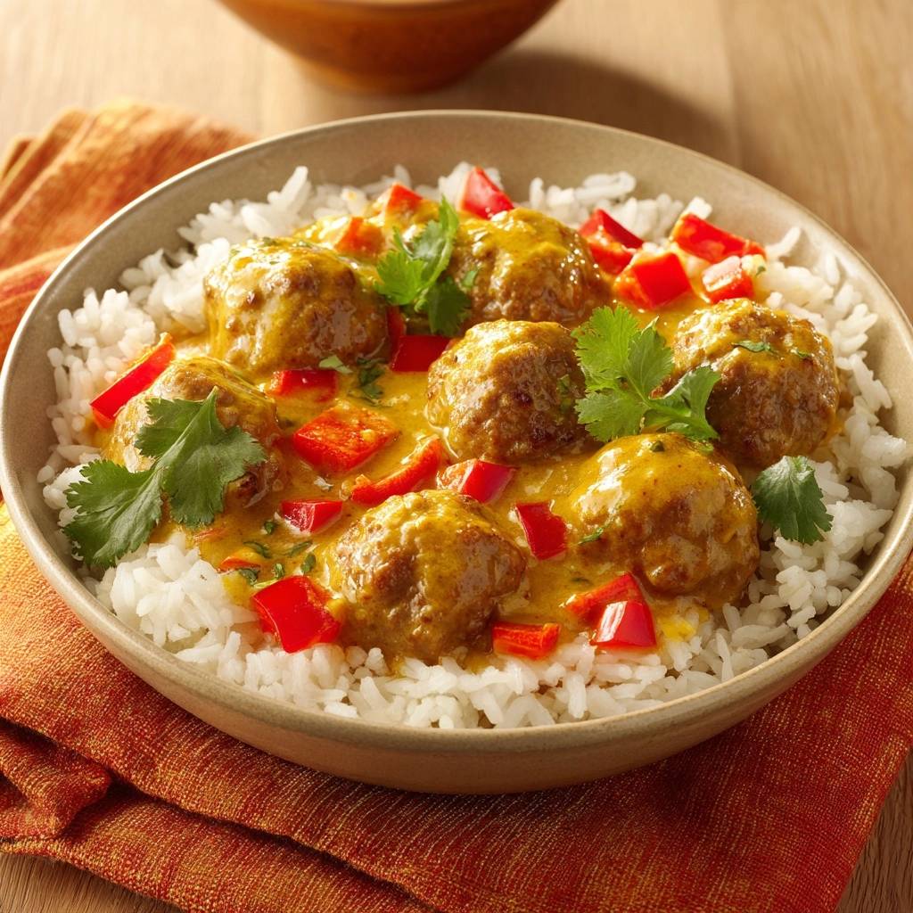 Saftige Rindfleischbällchen im Gelben Curry mit Reis, serviert in einer Schüssel, mit frischem Koriander und roten Paprikastückchen garniert.