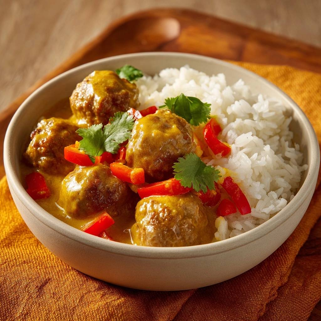 Saftige Rindfleischbällchen im gelben Curry serviert in einer Schüssel, garniert mit frischem Koriander und Paprika.