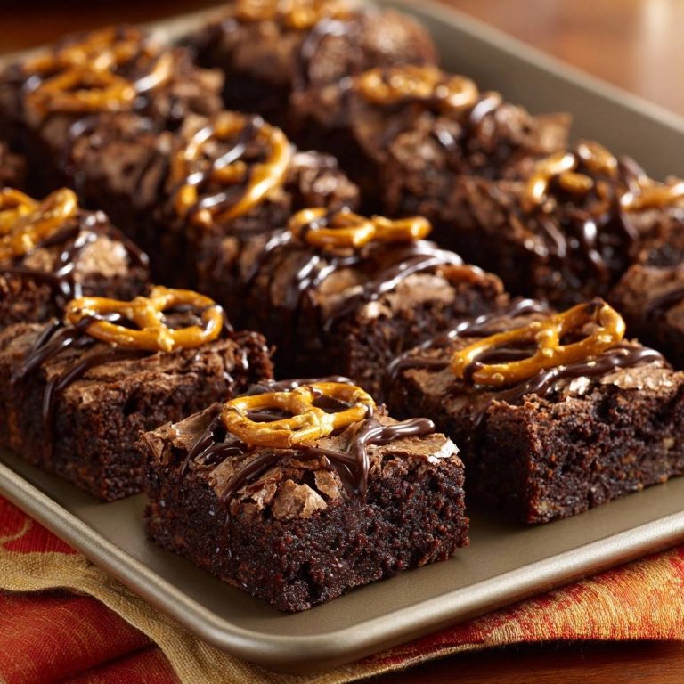 Saftige Schoko-Brezel-Brownies auf einem Backblech, dekoriert mit Brezeln und Schokosauce, bereit zum Genießen.