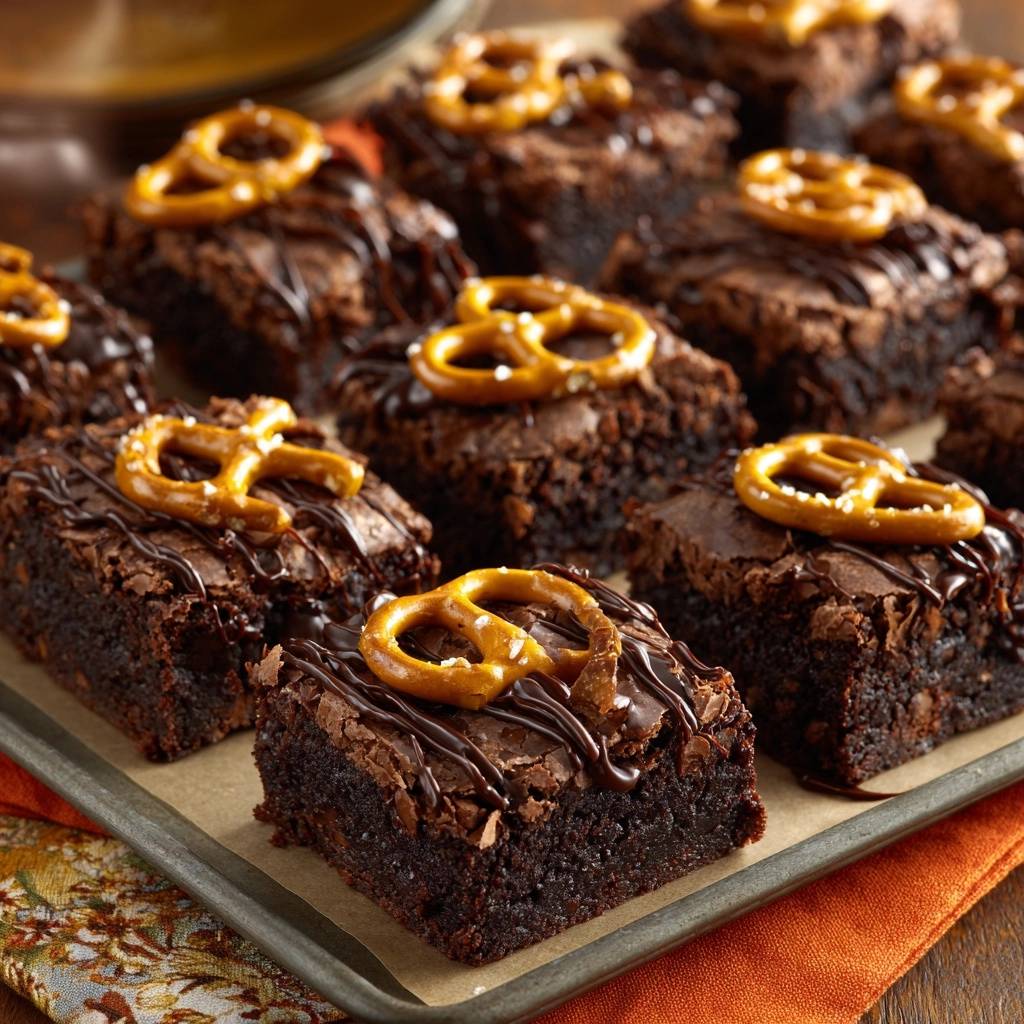 Saftige Schoko Brezel Brownies Draufsicht 1 Saftige Schoko-Brezel-Brownies in einer Nahaufnahme, garniert mit Brezeln und Schokosauce, frisch auf einem Blech angerichtet.