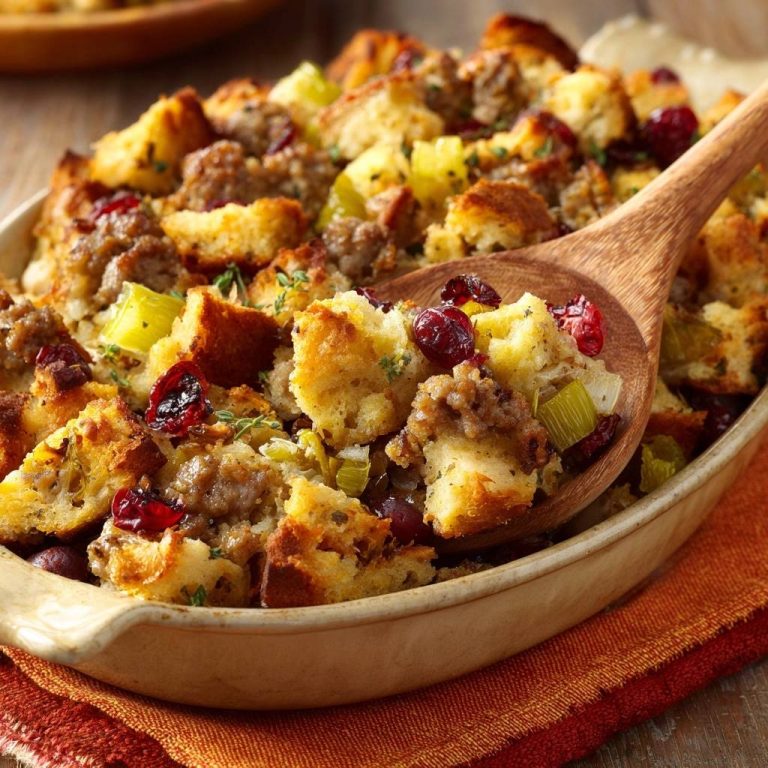 Saftige Wurst-Cranberry-Brotfüllung in Nahaufnahme mit einem Holzlöffel, der eine Portion des herzhaften Gerichts aus der Auflaufform schöpft.