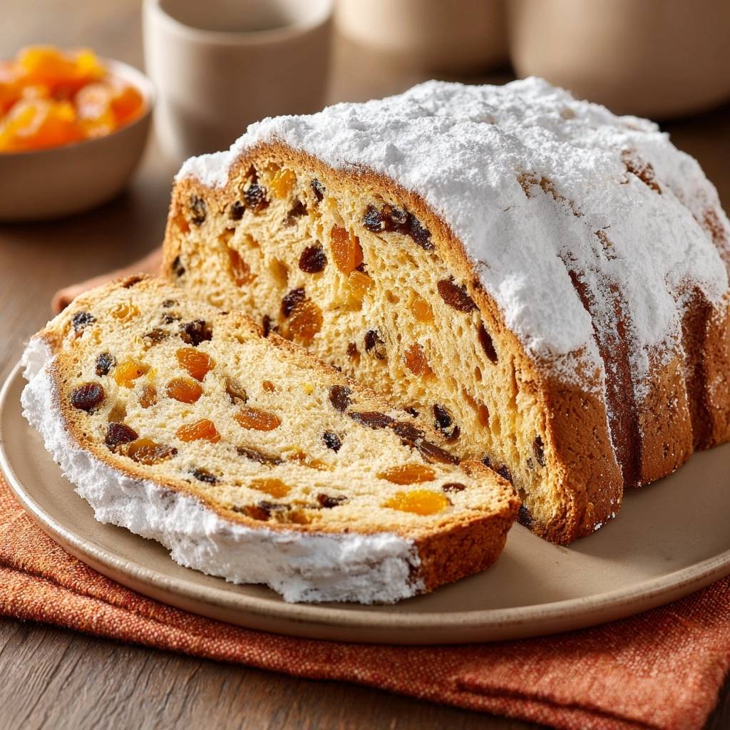 Saftiger Christstollen mit Trockenfrüchten im Anschnitt, eine Nahaufnahme des saftigen Innenlebens auf einem Teller.