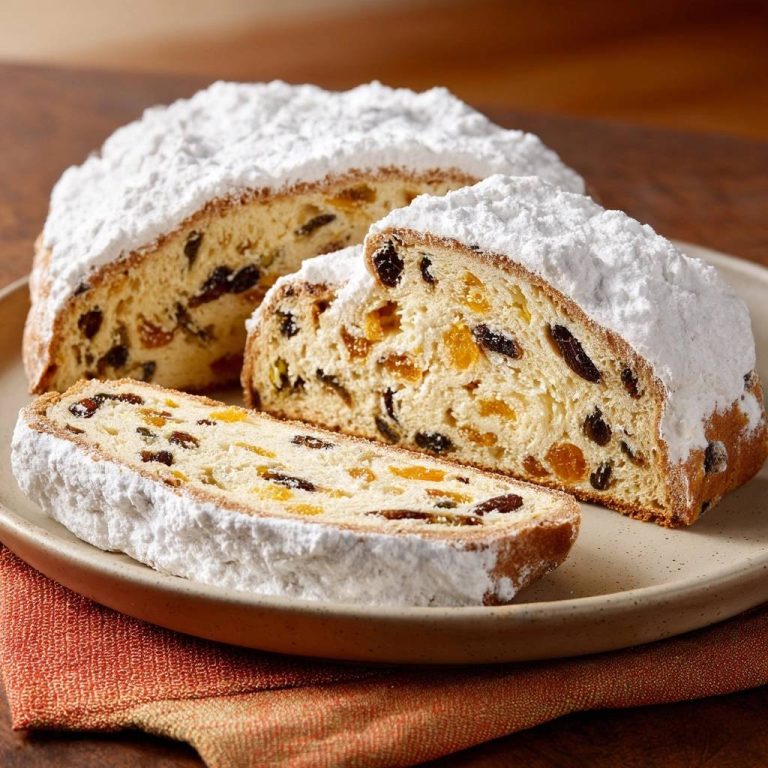 Saftiger Christstollen mit Trockenfrüchten im Anschnitt, eine Nahaufnahme des saftigen Innenlebens auf einem Teller serviert.