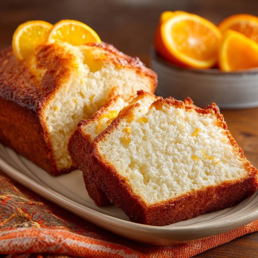 Saftiger Orangen-Rührkuchen angeschnitten mit frischen Orangenscheiben dekoriert und saftiger Krume