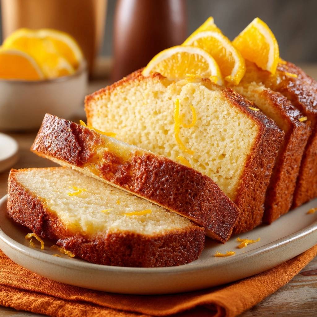 Saftiger Orangen-Rührkuchen mit frisch geschnittenen Orangenscheiben, die einen saftigen Querschnitt des Kuchens zeigen.