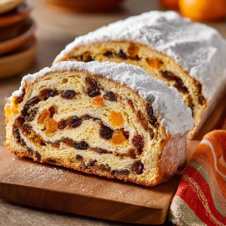 Saftiger Rosinen-Orangen-Stollen: Nahaufnahme des Anschnitts zeigt die fruchtige Füllung mit Rosinen und kandierten Orangen.
