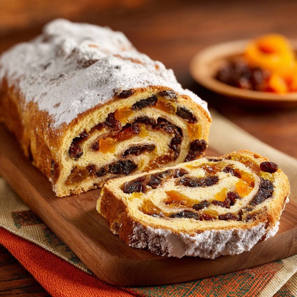 Saftiger Rosinen Orangen Stollen Querschnitt Nahaufnahme 1 Saftiger Rosinen-Orangen-Stollen in Nahaufnahme mit angeschnittener Scheibe, die das fruchtige Innenleben zeigt und mit Puderzucker bestäubt ist.