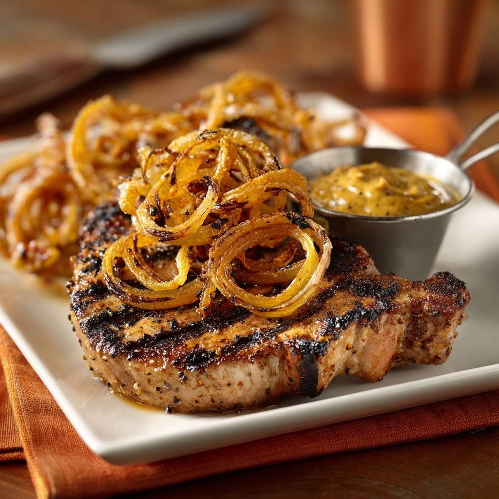 Saftiges Grill-Steak mit knusprigen Zwiebelringen auf einem Teller serviert, garniert mit goldbraunen Zwiebelringen und einem Dip.