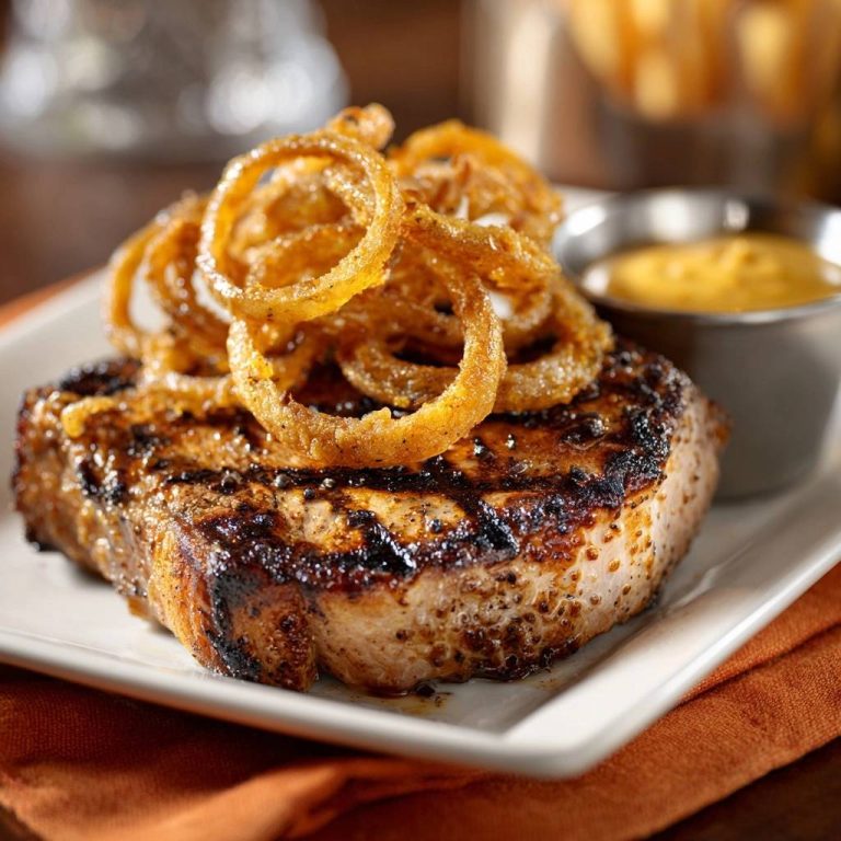 Saftiges Grill-Steak mit knusprigen Zwiebelringen auf einem Teller serviert, zusammen mit einer Schüssel Sauce. Ein köstliches Gericht für Feinschmecker.