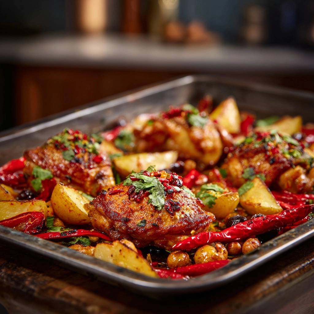 Saftiges Ofenhahnchen Chili Kartoffeln Draufsicht 1 Saftiges Ofenhähnchen mit Kichererbsen und Chili-Kartoffeln in einer Draufsicht, garniert mit frischem Koriander und Chili-Flocken.