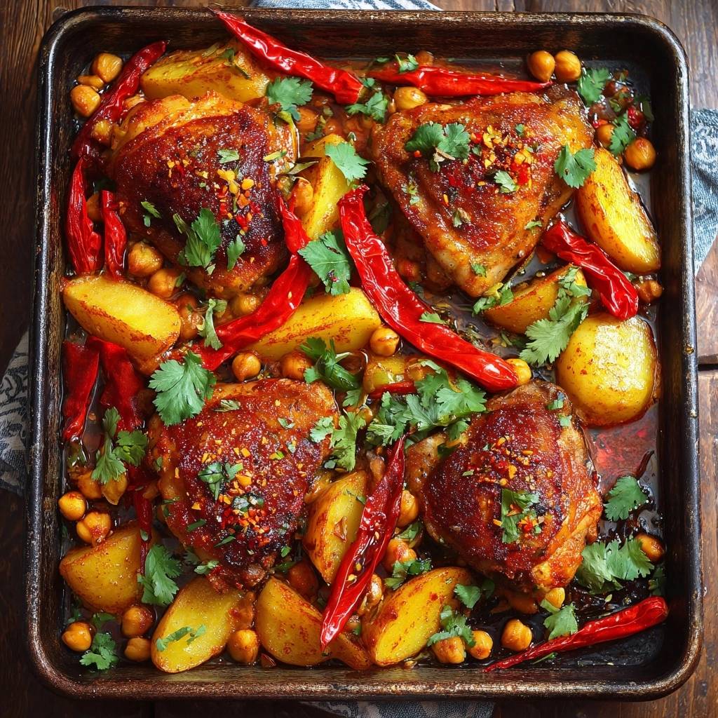 Saftiges Ofenhähnchen mit Kichererbsen, Chili-Kartoffeln und Koriander, in einer Backform von oben fotografiert, mit roten Chilis garniert.