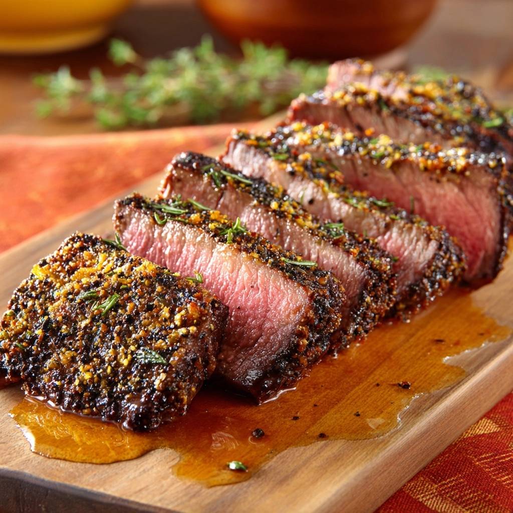 Saftiges Rindersteak mit Kräuterkruste in Nahaufnahme. Ein saftiger Querschnitt zeigt die perfekt rosa gebratene Innenseite.