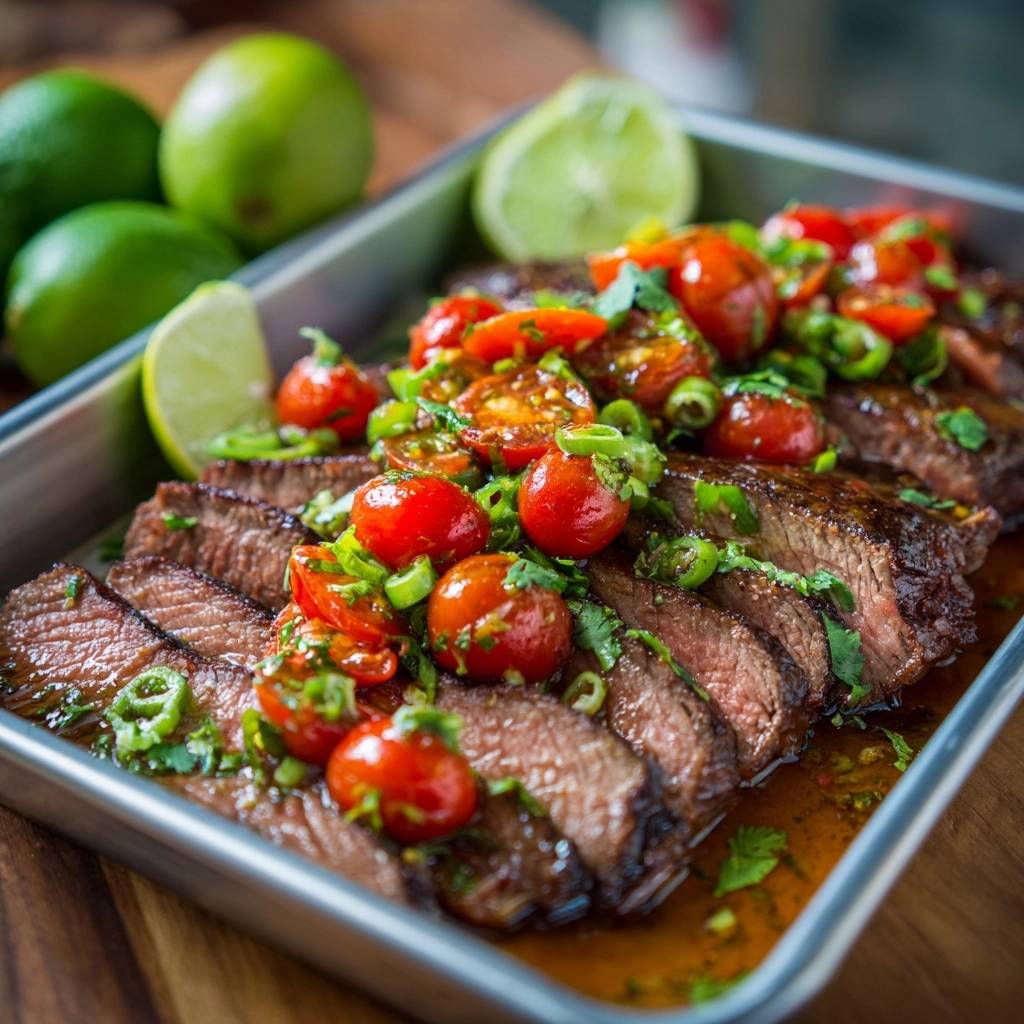 Saftiges Rindersteak mit Tomaten-Limetten-Salsa in einer Servierschale, garniert mit frischen Kirschtomaten, Limettenspalten und Kräutern.